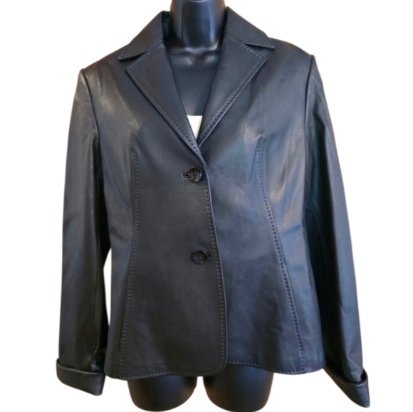 Prodi Jackets & Blazers - Womans Classic Black Leather Blazer Jacket Tailored Cut Office Biker Size Large
